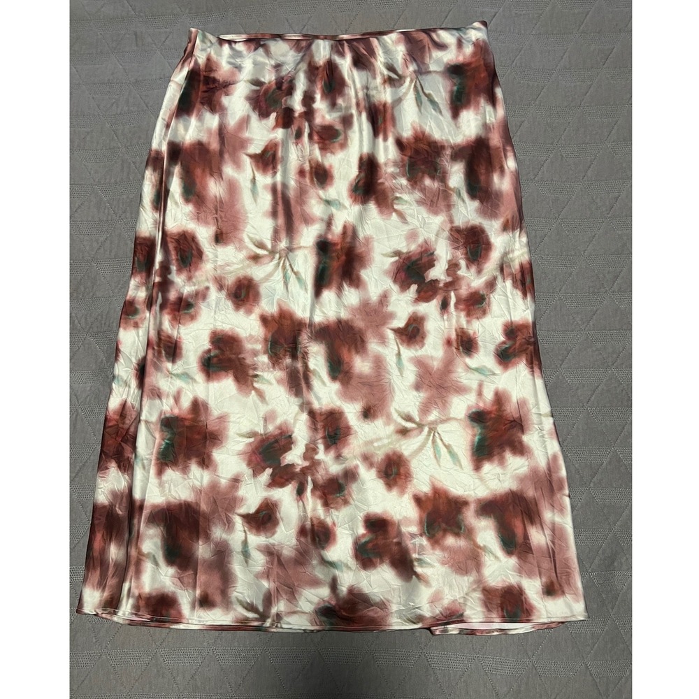 Calvin Klein Midi Skirt Womens L Burgundy Cream New Satin Abstract Floral Print